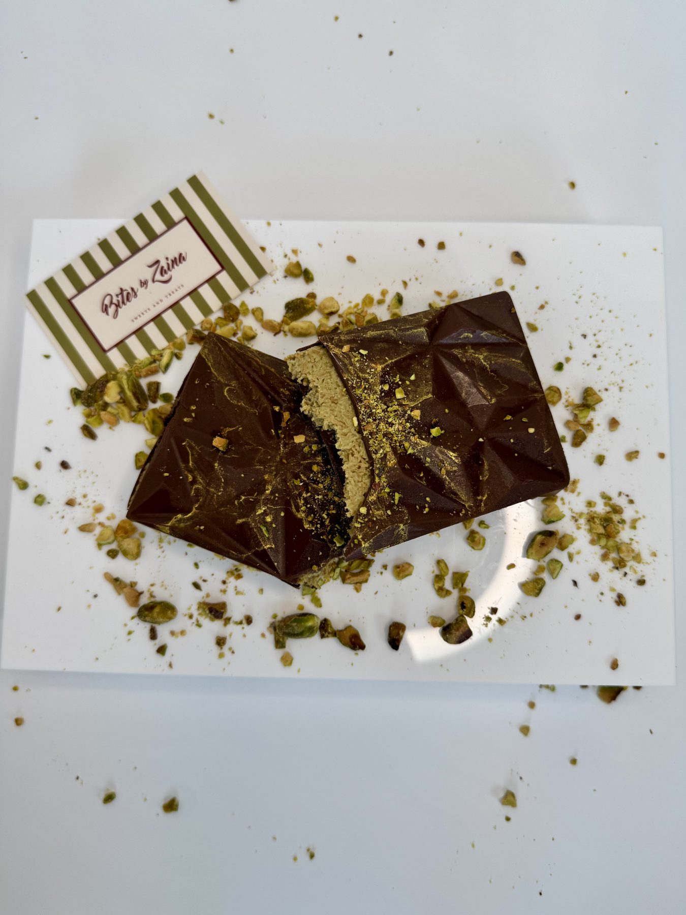 Pistachio Dubai chocolate bar, sliced open