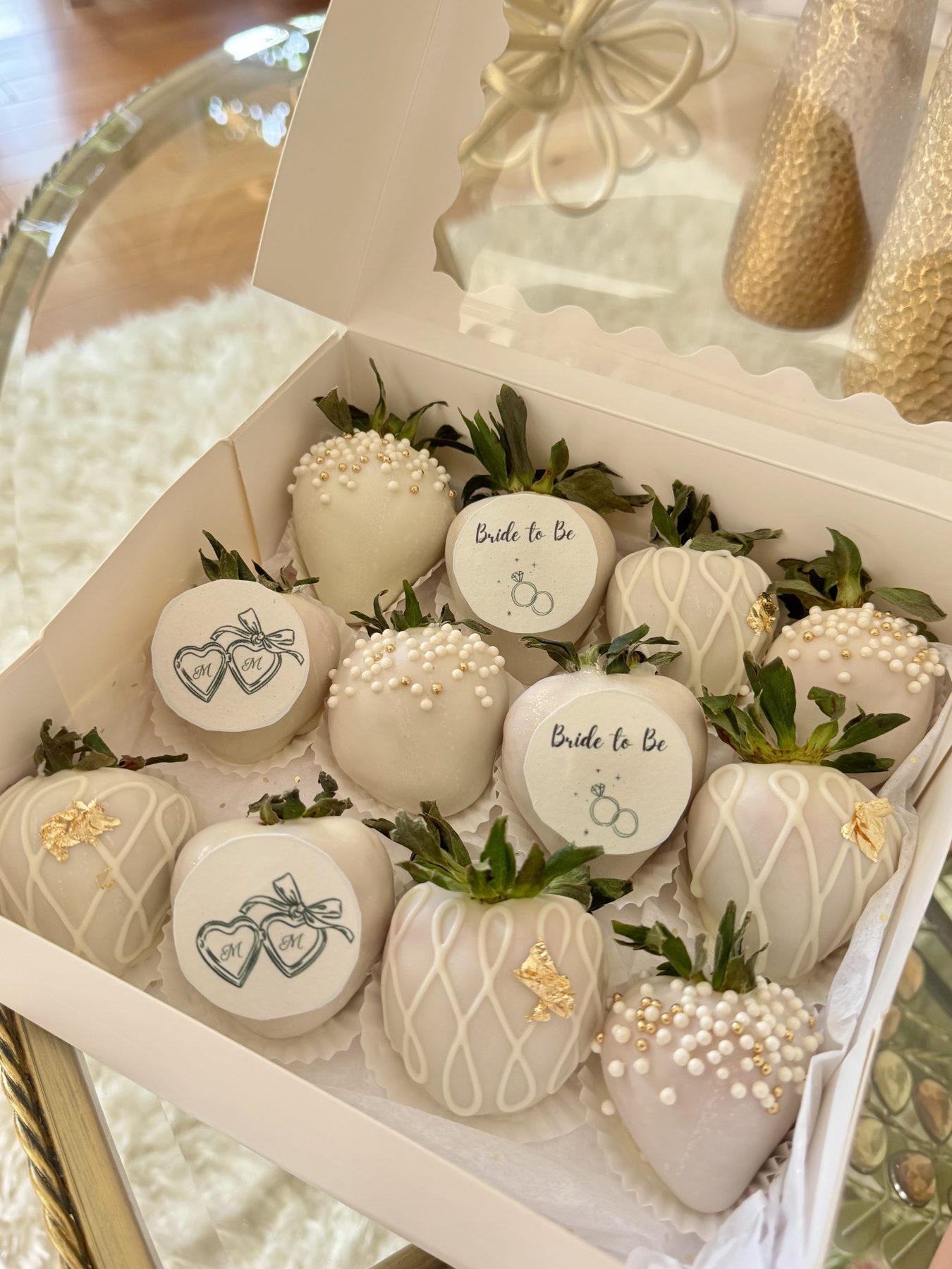 White chocolate-dipped strawberries for an engagement